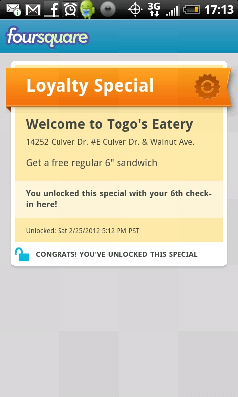 Screenshot of the checkin special when it was unlocked